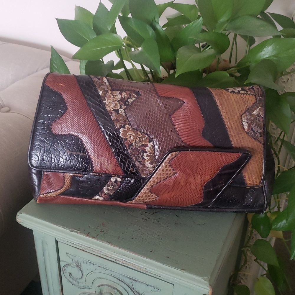 Vintage 80s Leather Snakeskin Tapestry Large Clutch Crossbody Bag